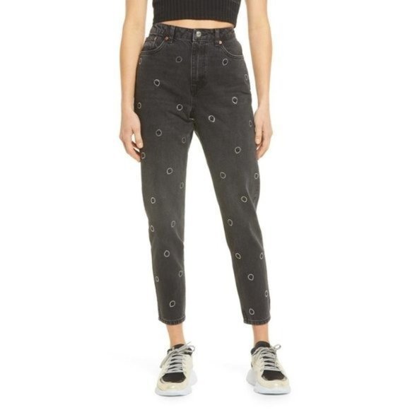 TOPSHOP Denim Mom Jeans with Alien Detail in Washed Black - Size 6 NWT - Picture 1 of 4